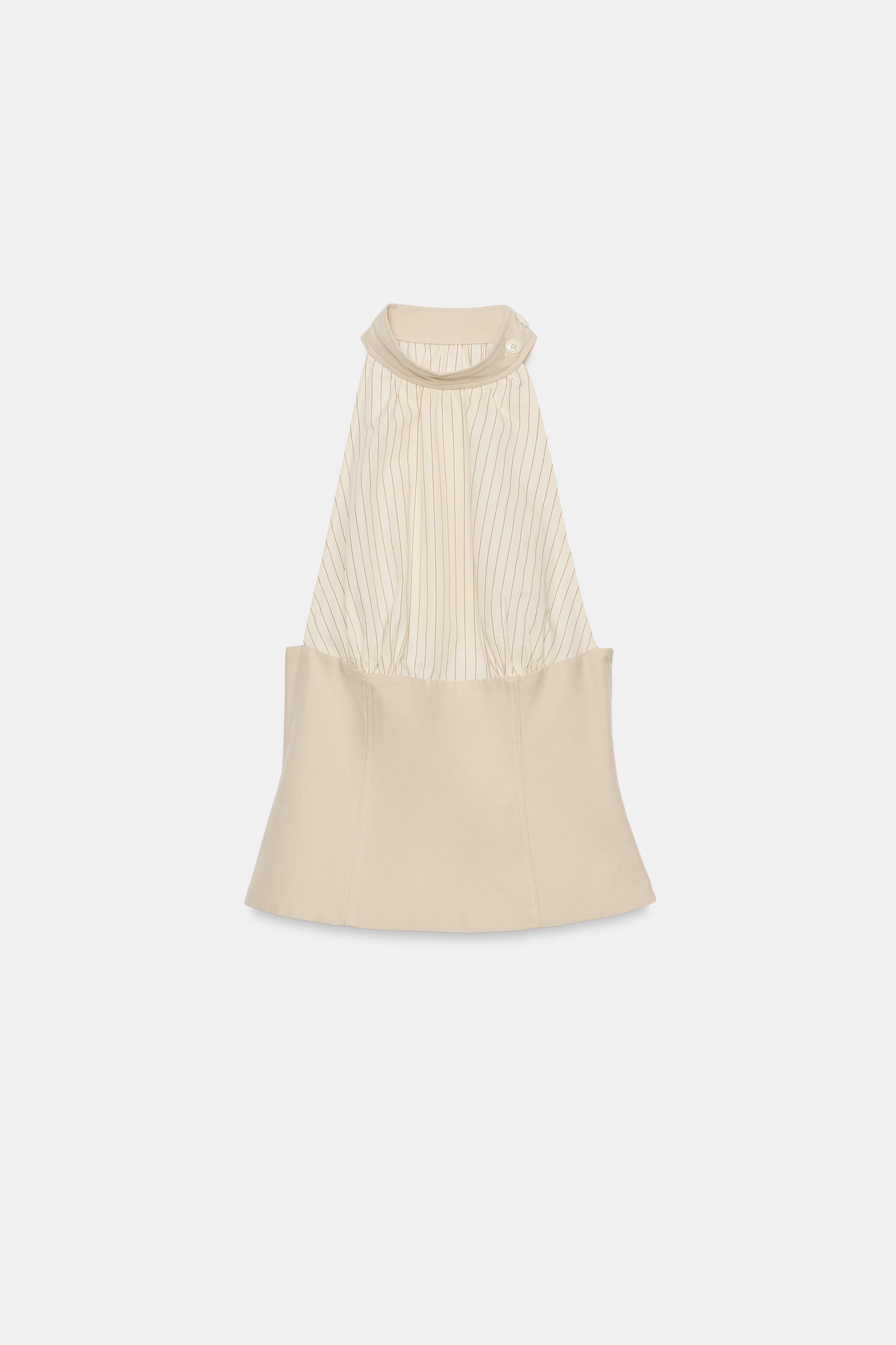 MIXED FABRIC BUTTON HALTER TOP